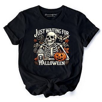 Just Waiting for Halloween T-Shirt, Spooky Skeleton Tee for Autumn Season