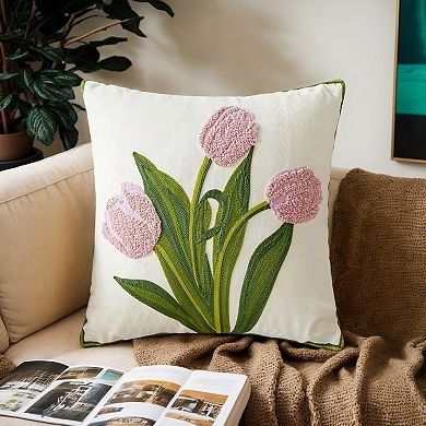 Floral Embroidered Decorative Throw Pillow Covers Set of 2, Farmhouse Flower Pattern Cushion Cases