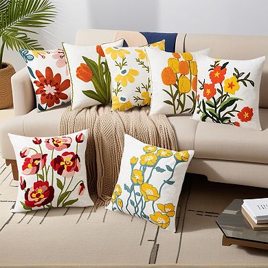 Floral Embroidered Decorative Throw Pillow Covers Set of 2, Farmhouse Flower Pattern Cushion Cases