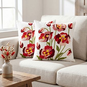 Floral Embroidered Decorative Throw Pillow Covers Set of 2, Farmhouse Flower Pattern Cushion Cases