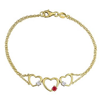 Stella Grace 18k Gold Over Silver 1/6 Carat T.W. Lab-Grown Diamond & Lab-Created Ruby Triple Heart Bracelet