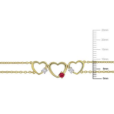 Stella Grace 18k Gold Over Silver 1/6 Carat T.W. Lab-Grown Diamond & Lab-Created Ruby Triple Heart Bracelet