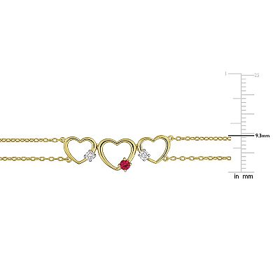Stella Grace 18k Gold Over Silver 1/6 Carat T.W. Lab-Grown Diamond & Lab-Created Ruby Triple Heart Bracelet