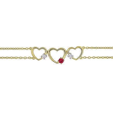Stella Grace 18k Gold Over Silver 1/6 Carat T.W. Lab-Grown Diamond & Lab-Created Ruby Triple Heart Bracelet