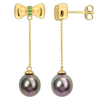 Stella Grace 10k Gold Black Tahitian Cultured Pearl & Emerald Drop Earrings