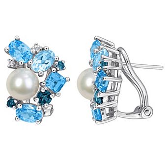 Stella Grace Sterling Silver Freshwater Cultured Pearl & Topaz Cluster Earrings