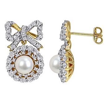 Stella Grace 18k Gold over Sterling Silver Freshwater Cultured Pearl & White Topaz Halo Drop Earrings