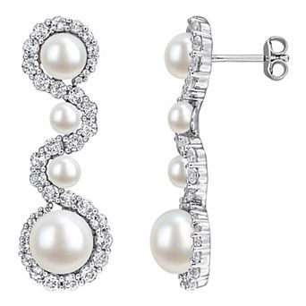 Stella Grace Sterling Silver Freshwater Cultured Pearl & White Topaz Drop Earrings