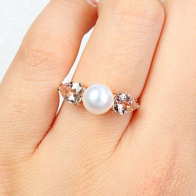 Stella Grace 14k Rose Gold Morganite & Freshwater Cultured Pearl 3-Stone Ring