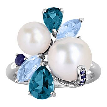 Stella Grace Sterling Silver Freshwater Cultured Pearl, Topaz & Sapphire Cluster Ring