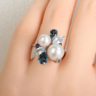 Stella Grace Sterling Silver Freshwater Cultured Pearl, Topaz & Sapphire Cluster Ring