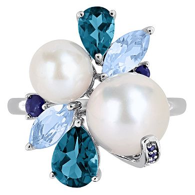 Stella Grace Sterling Silver Freshwater Cultured Pearl, Topaz & Sapphire Cluster Ring