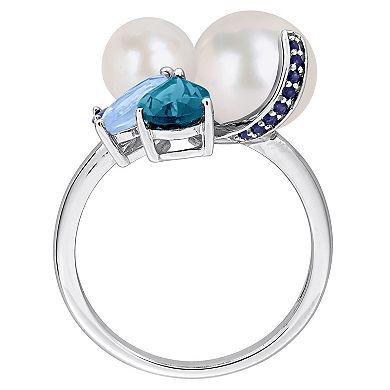 Stella Grace Sterling Silver Freshwater Cultured Pearl, Topaz & Sapphire Cluster Ring