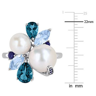 Stella Grace Sterling Silver Freshwater Cultured Pearl, Topaz & Sapphire Cluster Ring