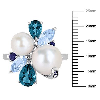 Stella Grace Sterling Silver Freshwater Cultured Pearl, Topaz & Sapphire Cluster Ring