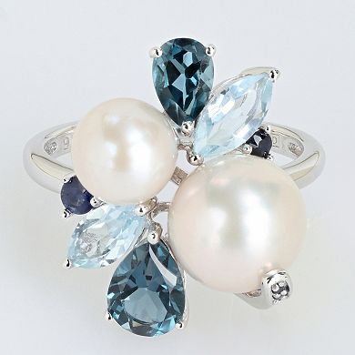 Stella Grace Sterling Silver Freshwater Cultured Pearl, Topaz & Sapphire Cluster Ring