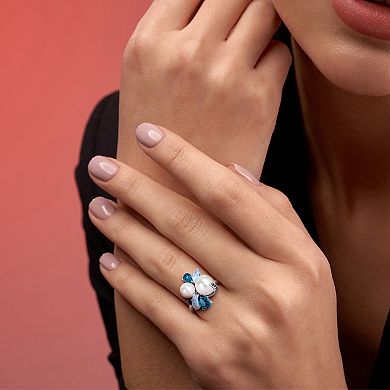 Stella Grace Sterling Silver Freshwater Cultured Pearl, Topaz & Sapphire Cluster Ring