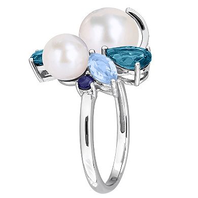 Stella Grace Sterling Silver Freshwater Cultured Pearl, Topaz & Sapphire Cluster Ring