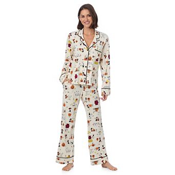 Women's Beauty Sleep Social Peanuts Halloween Notchneck Long Sleeve Pajama Top & Pajama Pants Set