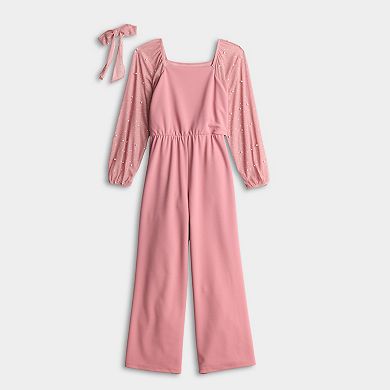 Girls 7-16 Speechless Sheer Sleeve Scuba Crepe Jumpsuit with Matching Hair Bow