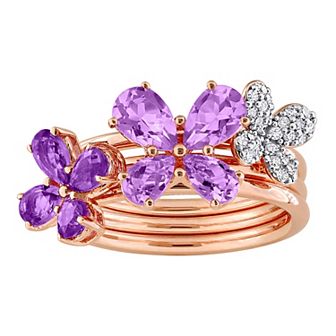 Stella Grace 18k Rose Gold Over Silver Amethyst & Diamond Floral Ring Set