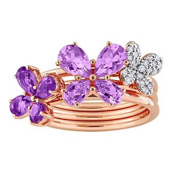 Stella Grace 18k Rose Gold Over Silver Amethyst & Diamond Floral Ring Set