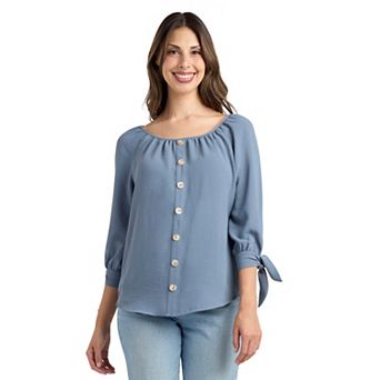 Women's AB Studio Crosshatch Three-Quarter Sleeve Button Front Top