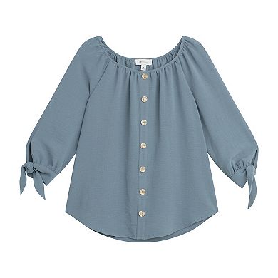 Women's AB Studio Crosshatch Three-Quarter Sleeve Button Front Top