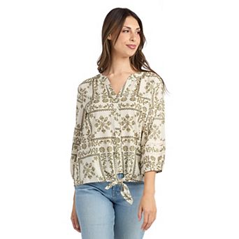 Women's AB Studio Three Quarter Sleeve Tie Front Peasant Top