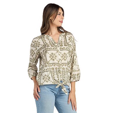 Women's AB Studio Three Quarter Sleeve Tie Front Peasant Top