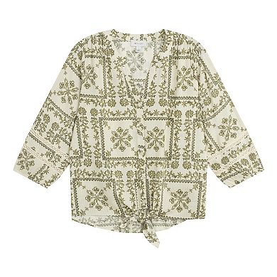 Women's AB Studio Three Quarter Sleeve Tie Front Peasant Top