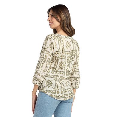 Women's AB Studio Three Quarter Sleeve Tie Front Peasant Top