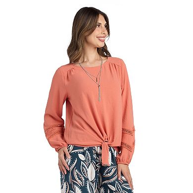 Women's AB Studio Long Sleeve Lace Tie Front Top