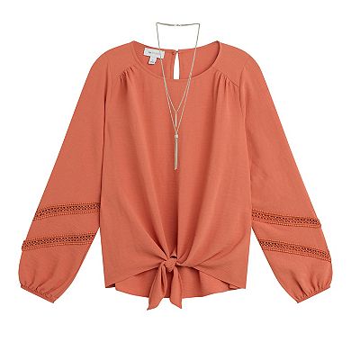 Women's AB Studio Long Sleeve Lace Tie Front Top