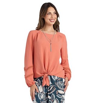 Women's AB Studio Long Sleeve Lace Tie Front Top