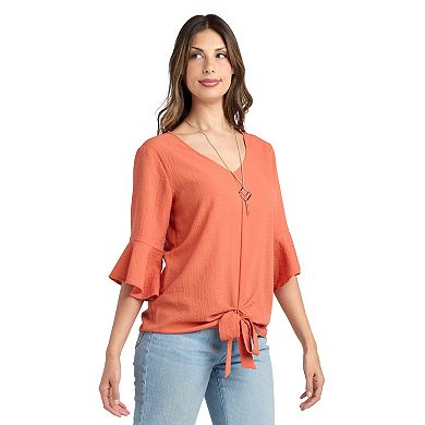 Women's AB Studio Flounce Tie Front Top With Necklace