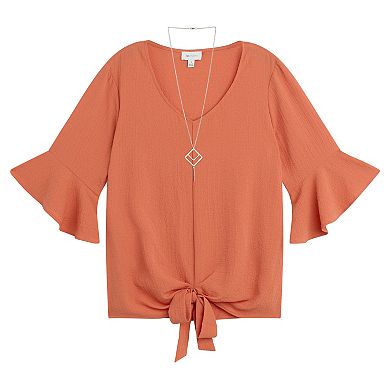 Women's AB Studio Flounce Tie Front Top With Necklace