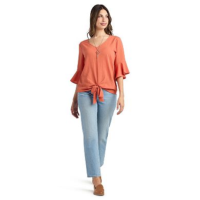 Women's AB Studio Flounce Tie Front Top With Necklace