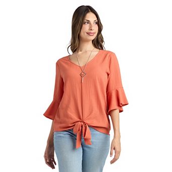 Women's AB Studio Flounce Tie Front Top With Necklace