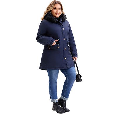 Women's Plus Size Parka Jacket Zipper Up Fleece Lined Windbreaker Faux Fur Hood Drawstring Coat