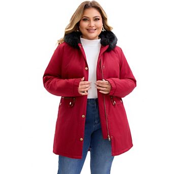 Women's Plus Size Parka Jacket Zipper Up Fleece Lined Windbreaker Faux Fur Hood Drawstring Coat