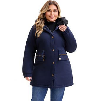 Women's Plus Size Parka Jacket Zipper Up Fleece Lined Windbreaker Faux Fur Hood Drawstring Coat
