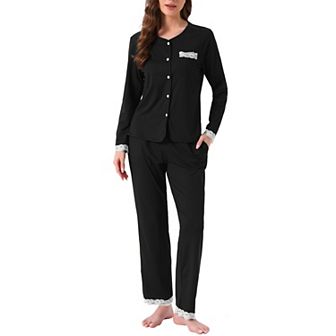Women's Pajamas Sets Lace Trim Long Sleeve Button Down Sleepwear Elastic Waist Pant with Pockets