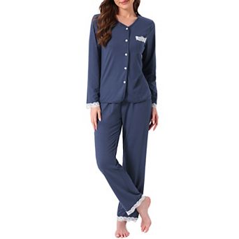Women's Pajamas Sets Lace Trim Long Sleeve Button Down Sleepwear Elastic Waist Pant with Pockets