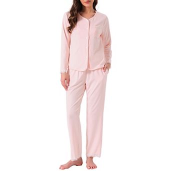 Women's Pajamas Sets Lace Trim Long Sleeve Button Down Sleepwear Elastic Waist Pant with Pockets