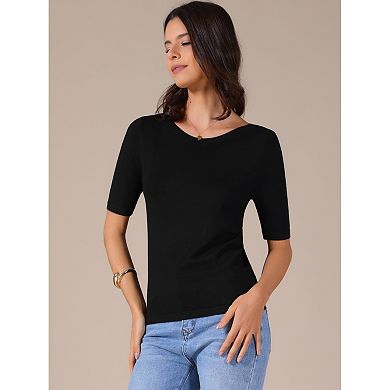 Women's Short Sleeve Shirt Boat Neck Lightweight Stretchy Basic Knit Casual T-Shirt Top