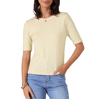 Women's Short Sleeve Shirt Boat Neck Lightweight Stretchy Basic Knit Casual T-Shirt Top