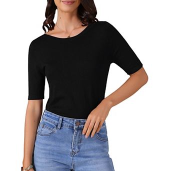 Women's Short Sleeve Shirt Boat Neck Lightweight Stretchy Basic Knit Casual T-Shirt Top