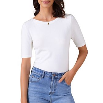 Women's Short Sleeve Shirt Boat Neck Lightweight Stretchy Basic Knit Casual T-Shirt Top