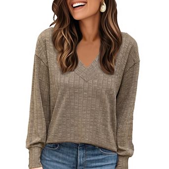 Long Sleeve Shirts for Women's V Neck Lightweight Sweater Spring Fall Casual Tunic Tops